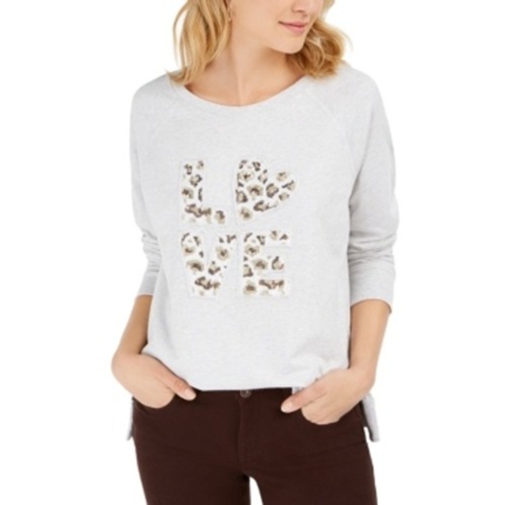 Style & Co Women's Cotton Graphic Sweatshirt Long Sleeve Light Gray Size X Large
